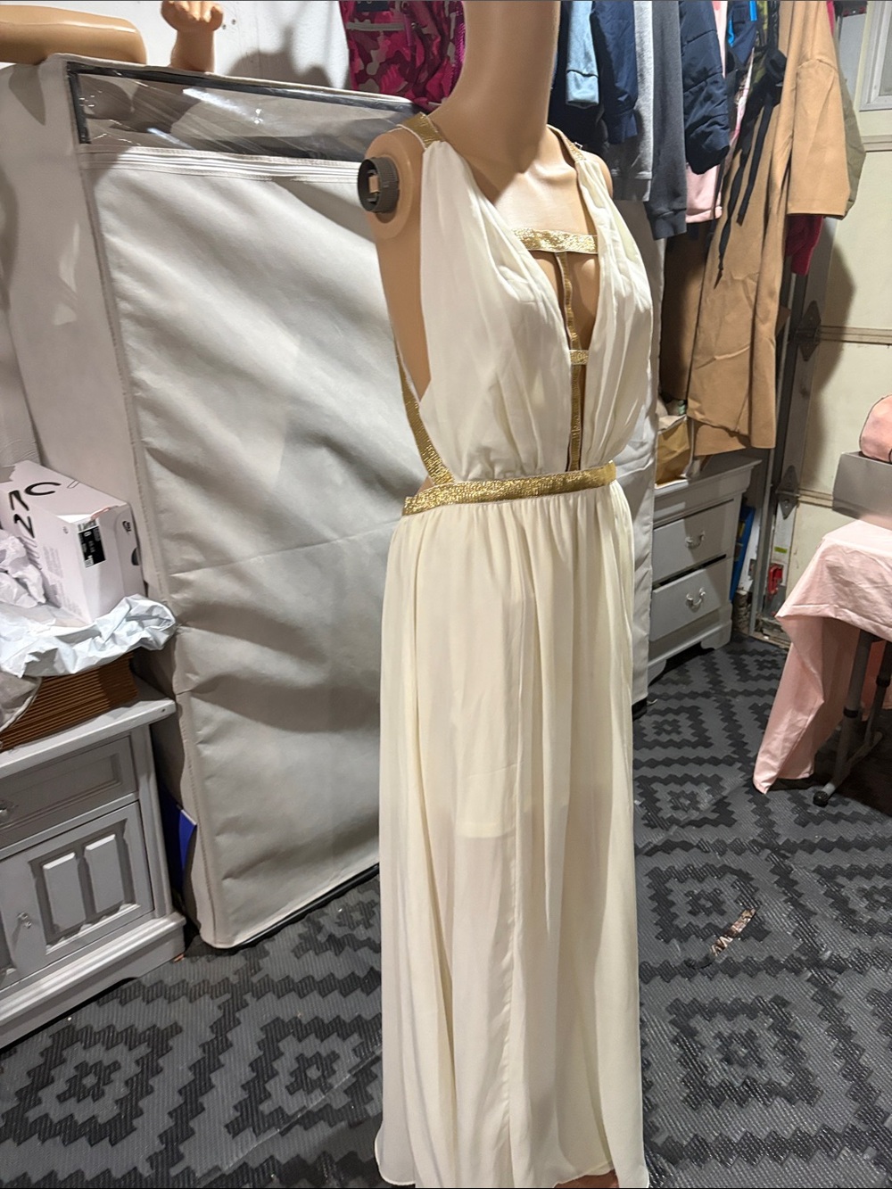 Miss Avenue Ivory Maxi Dress with Gold Trim
